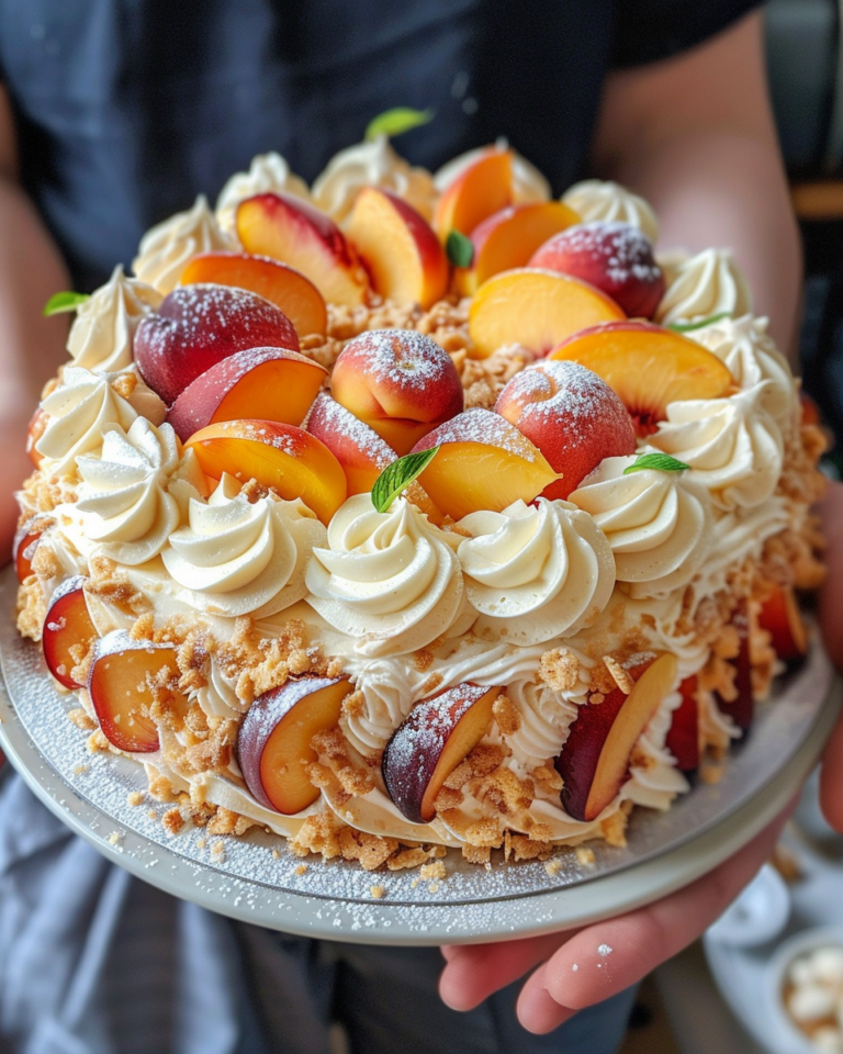 Cake With Peaches taken with iphone 15 pro max --iw 2 --ar 4:5 --v 6.0 --raw