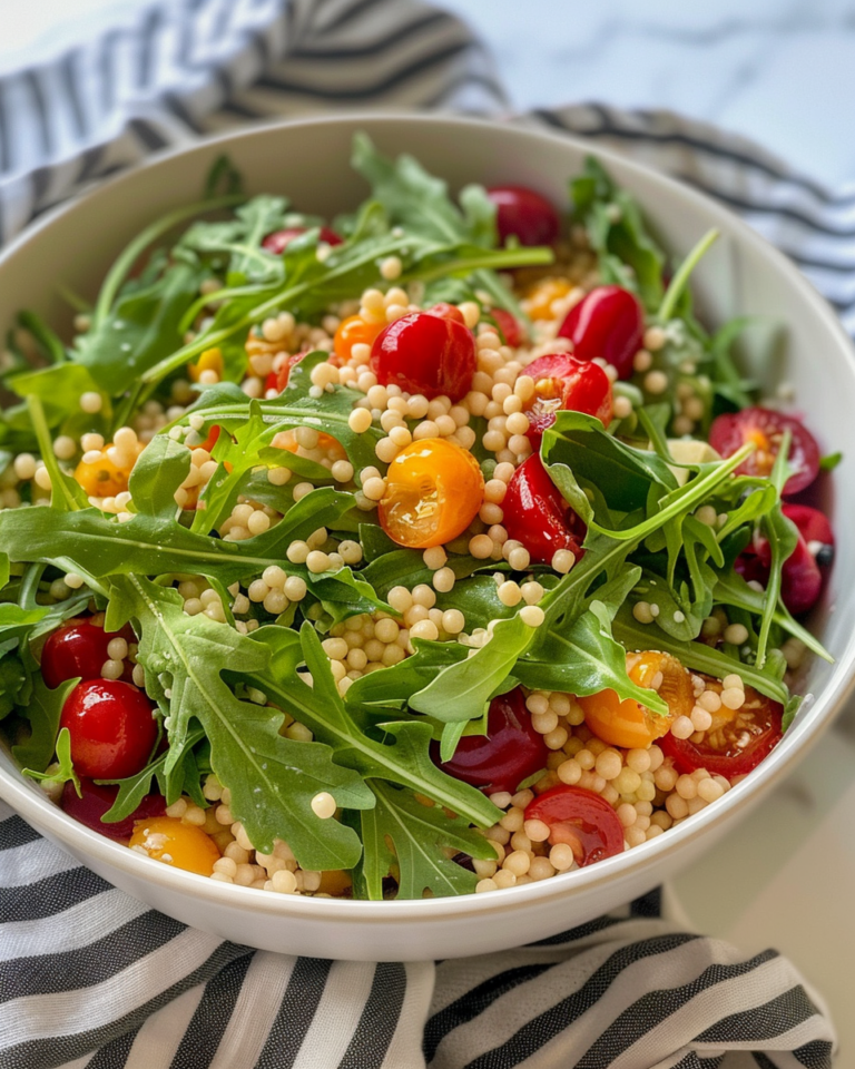 Cherry Couscous & Arugula Salad taken with iphone 15 pro max --iw 2 --ar 4:5 --v 6.0 --raw