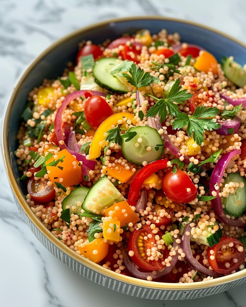 Fresh and vibrant colorful couscous salad with tomatoes, cucumbers and herbs