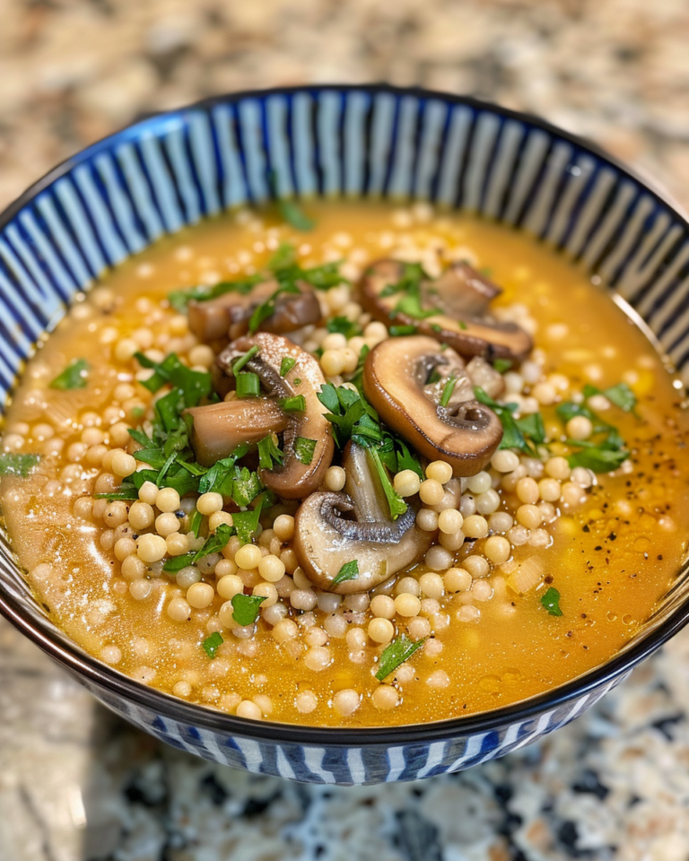 Creamy Mushroom & Pearl Couscous Soup taken with iphone 15 pro max --iw 2 --ar 4:5 --v 6.0 --raw