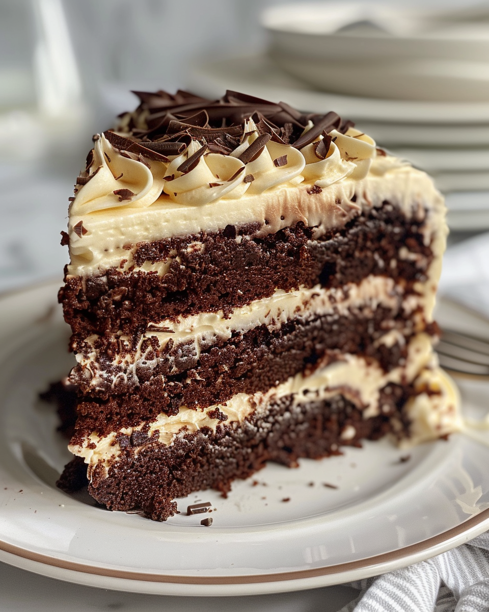 Final chocolate layer cake decorated with smooth cocoa frosting and chocolate chips