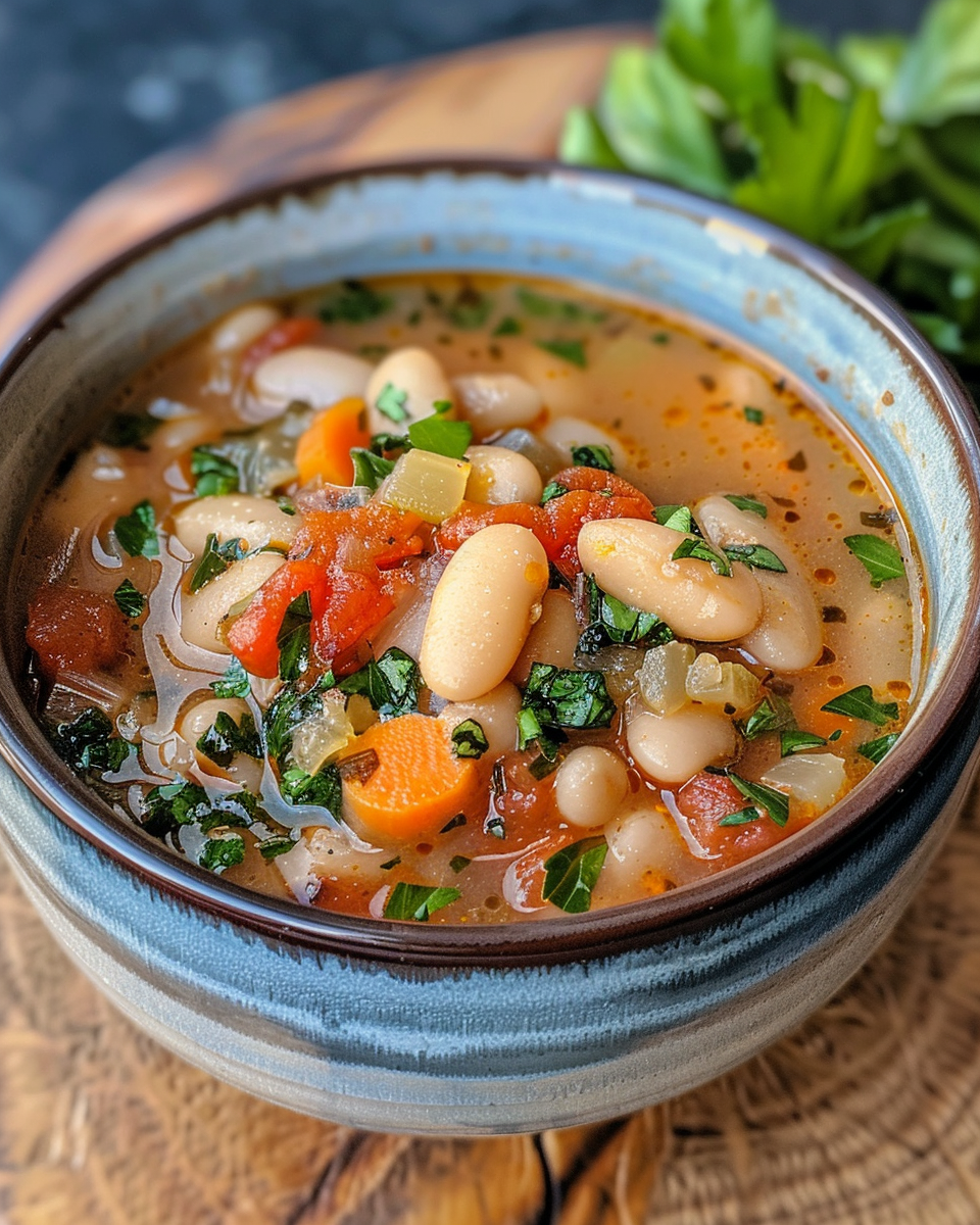 Key ingredients prepared for pressure cooker white bean soup in bowls