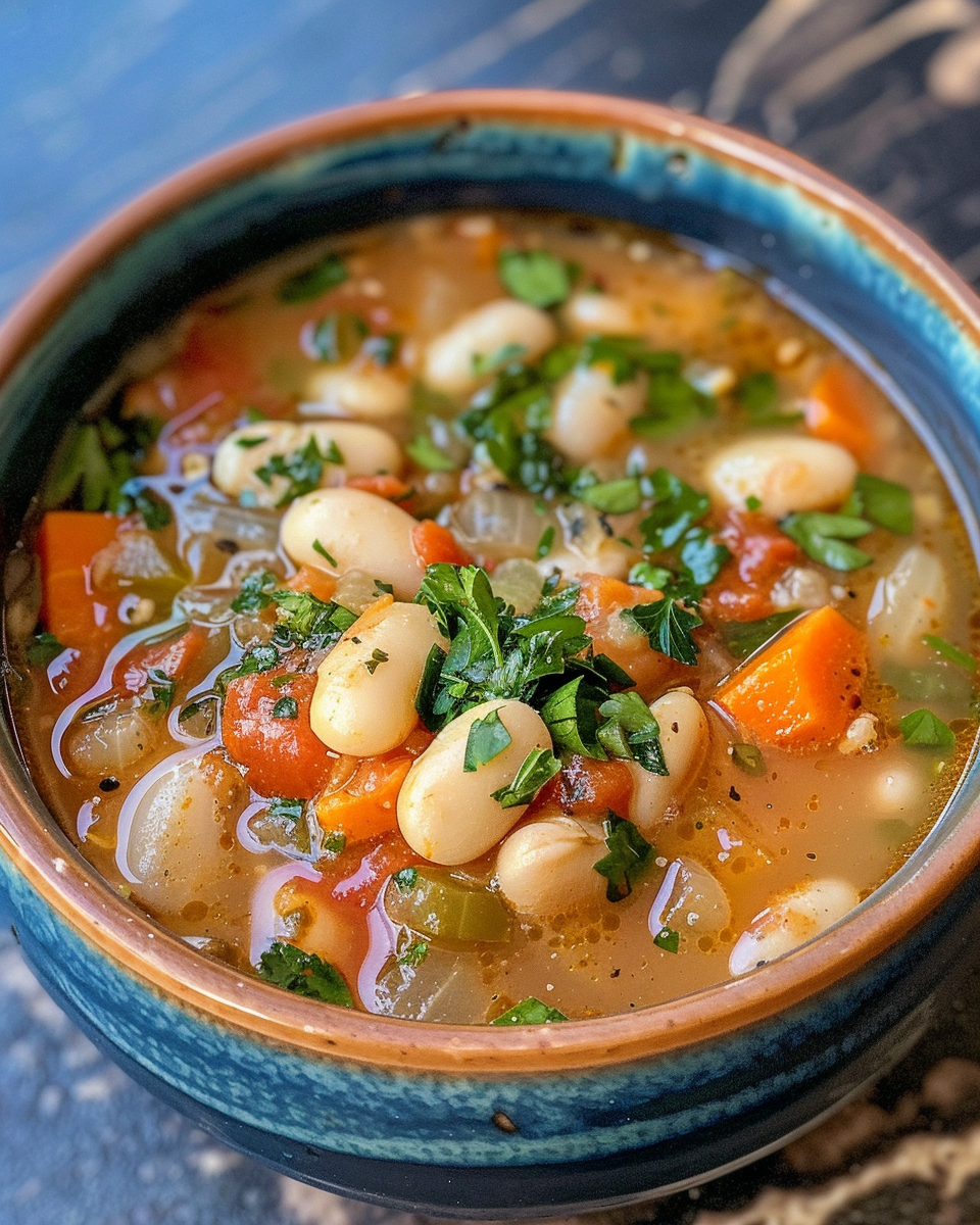 Final served bowl of creamy white bean soup with kale and herbs