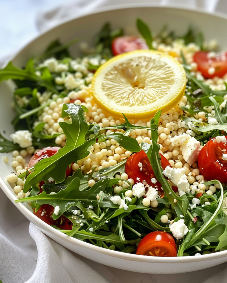 Lemon Arugula Couscous Feta Salad taken with iphone 15 pro max --iw 2 --ar 4:5 --v 6.0 --raw