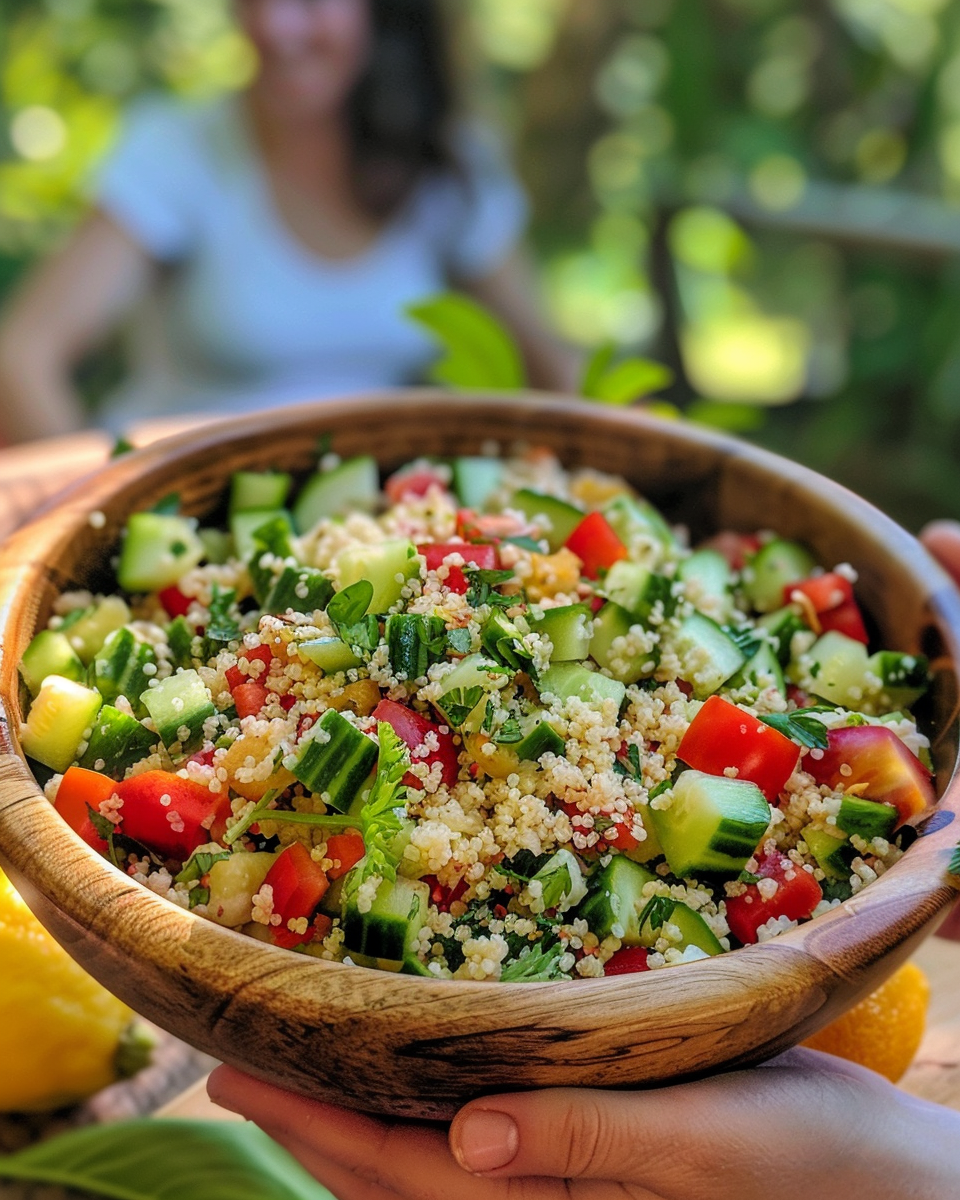 Final lemony cucumber couscous salad served fresh