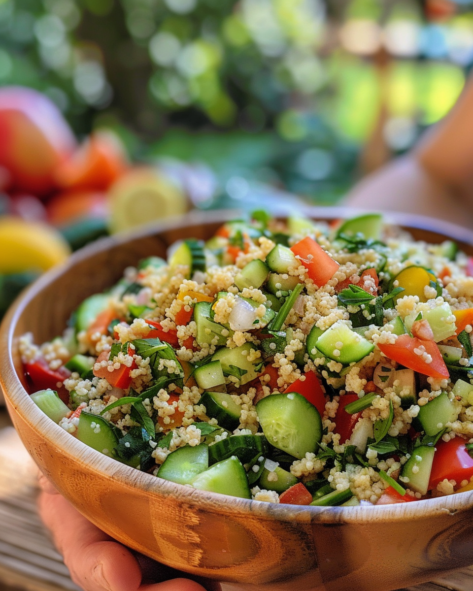 Fresh lemony cucumber couscous salad in bowl