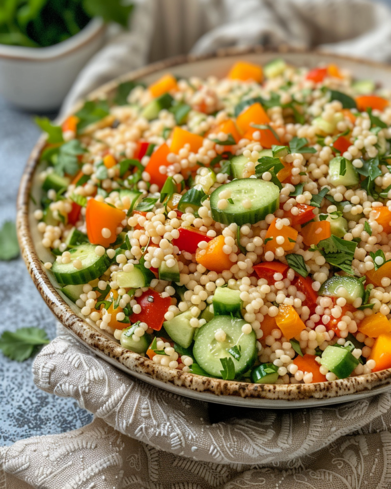 Light & Refreshing Cucumber Apricot Couscous Salad taken with iphone 15 pro max --iw 2 --ar 4:5 --v 6.0 --raw