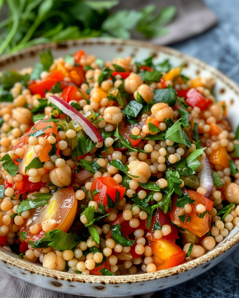 Moroccan Spiced Pearl Couscous Salad With Tahini Dressing taken with iphone 15 pro max --iw 2 --ar 4:5 --v 6.0 --raw