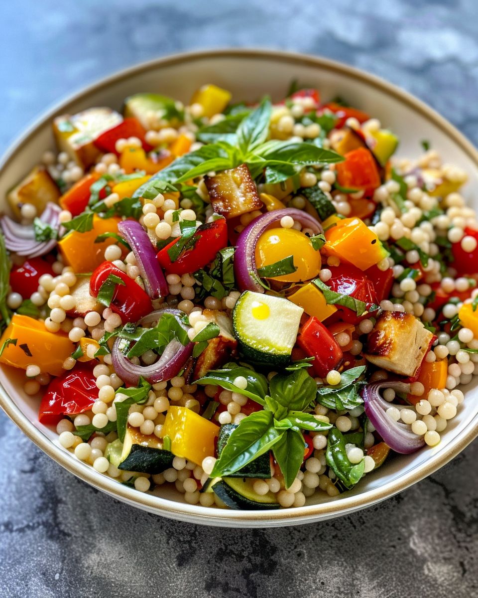 Ingredients for pearl couscous salad with roasted veggies prepared on countertop