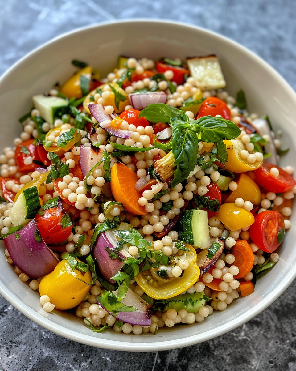 Plated pearl couscous salad with roasted vegetables and balsamic dressing ready to serve