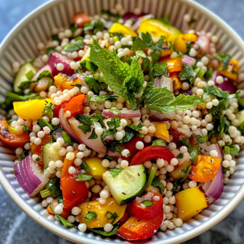 Pearl Couscous Salad With Roasted Vegetables taken with iphone 15 pro max --iw 2 --ar 4:5 --v 6.0 --raw