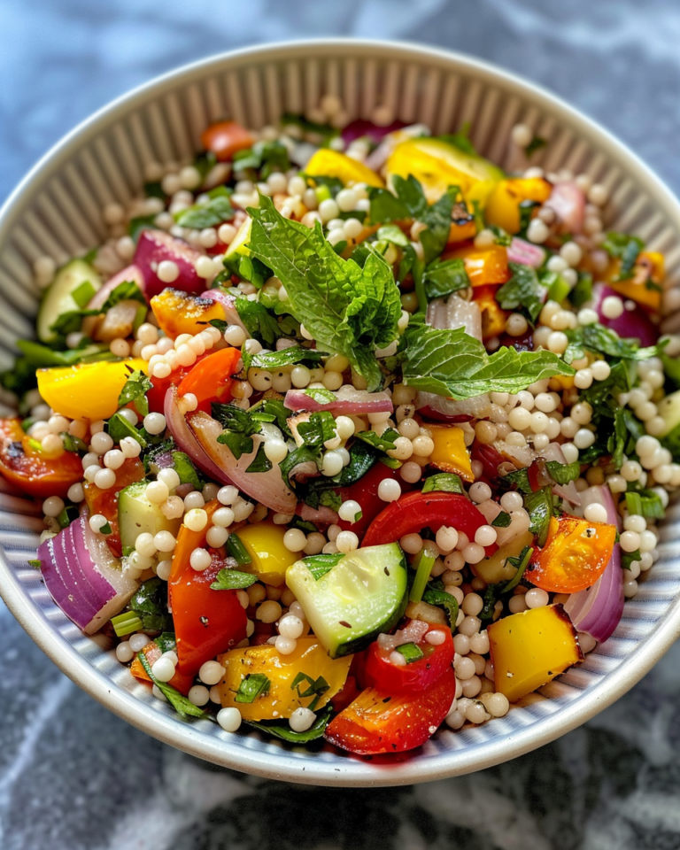 Pearl Couscous Salad With Roasted Vegetables taken with iphone 15 pro max --iw 2 --ar 4:5 --v 6.0 --raw