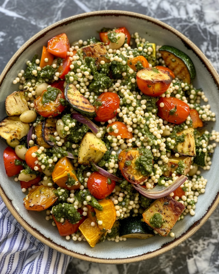Pesto Pearl Couscous With Roasted Veg Salad taken with iphone 15 pro max --iw 2 --ar 4:5 --v 6.0 --raw