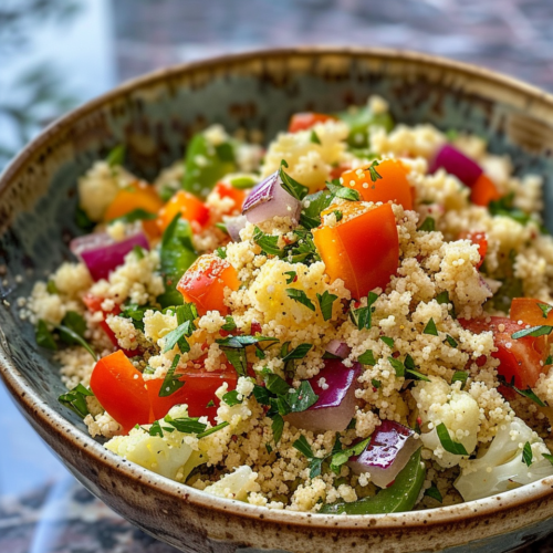 Quick Cauliflower Couscous Salad Recipe With Zhoug taken with iphone 15 pro max --iw 2 --ar 4:5 --v 6.0 --raw