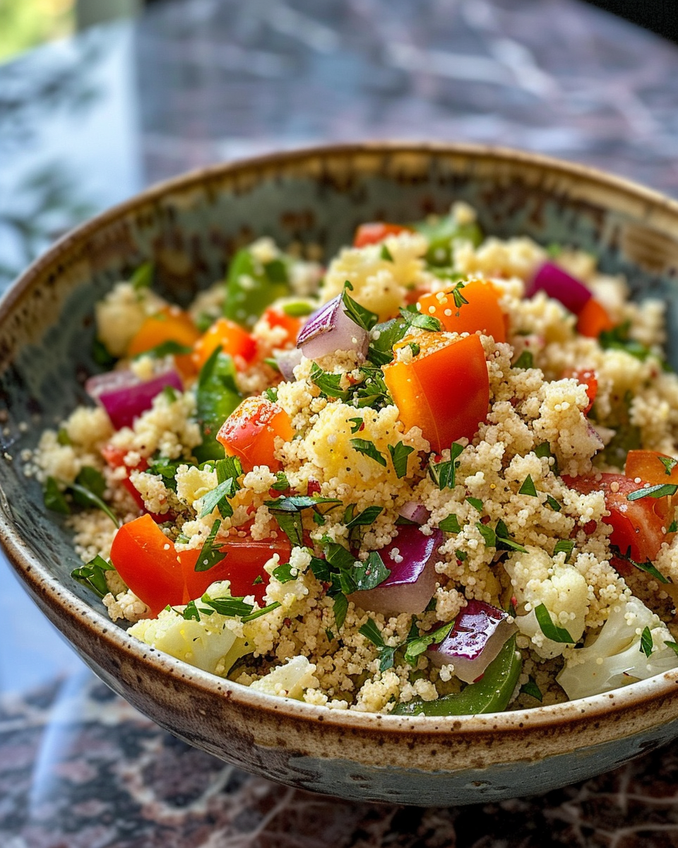 Quick Cauliflower Couscous Salad Recipe With Zhoug taken with iphone 15 pro max --iw 2 --ar 4:5 --v 6.0 --raw