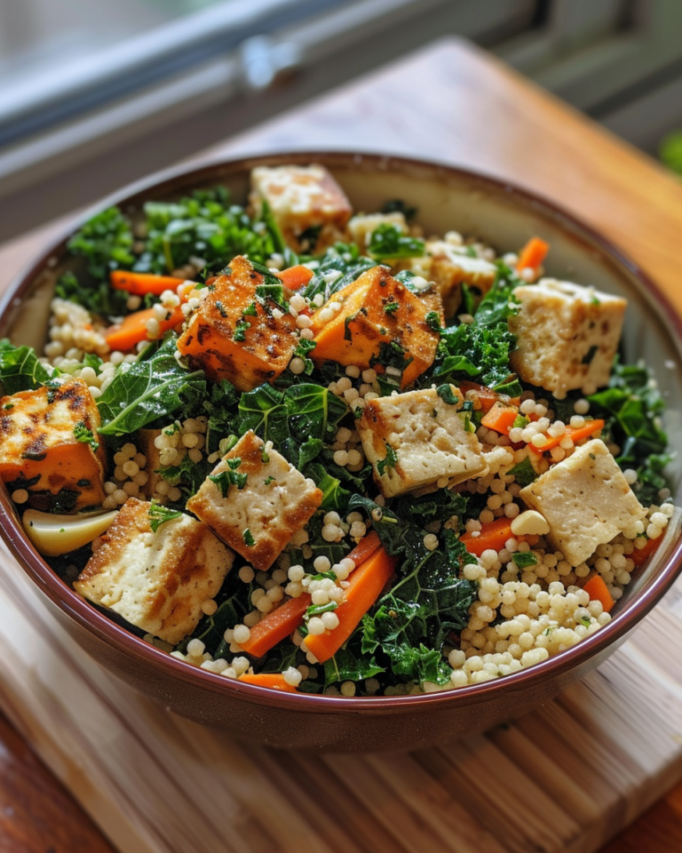 Quick Kale, Couscous And Tofu Salad With Carrot taken with iphone 15 pro max --iw 2 --ar 4:5 --v 6.0 --raw