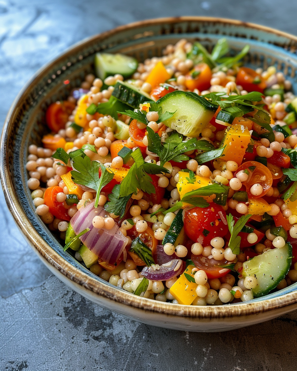 Fresh ingredients prepared for rainbow couscous salad including cucumbers and cherry tomatoes