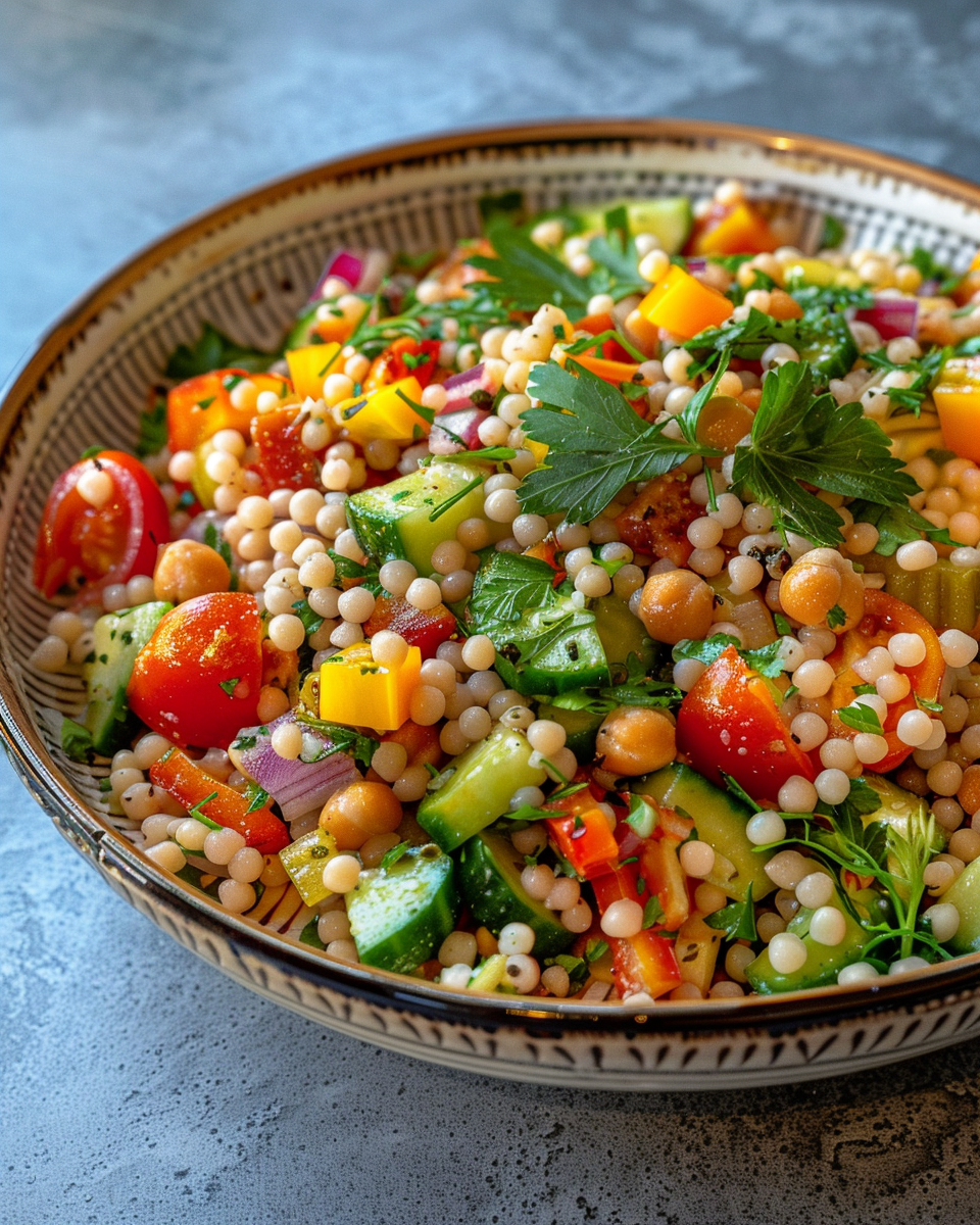 Mixed couscous salad tossed with fresh herbs and olive oil dressing