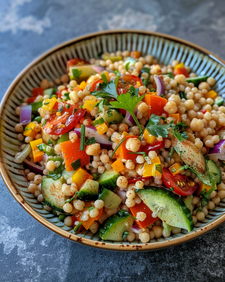 Rainbow Couscous Salad taken with iphone 15 pro max --iw 2 --ar 4:5 --v 6.0 --raw