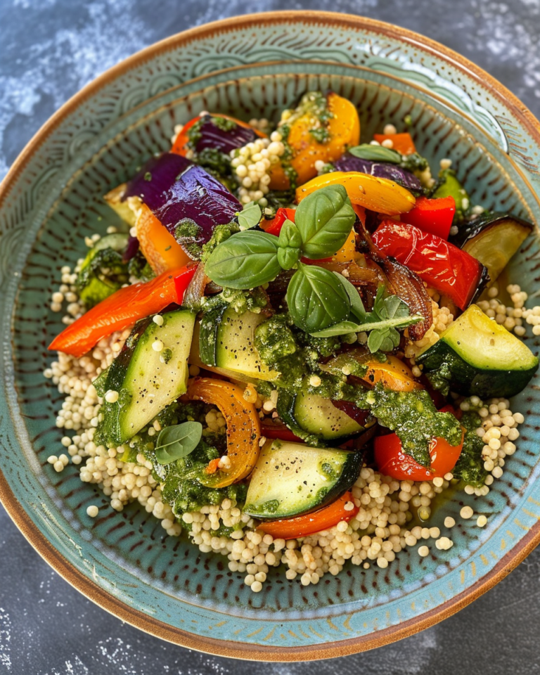 Simple Giant Couscous Salad With Charred Veg & Tangy Pesto taken with iphone 15 pro max --iw 2 --ar 4:5 --v 6.0 --raw