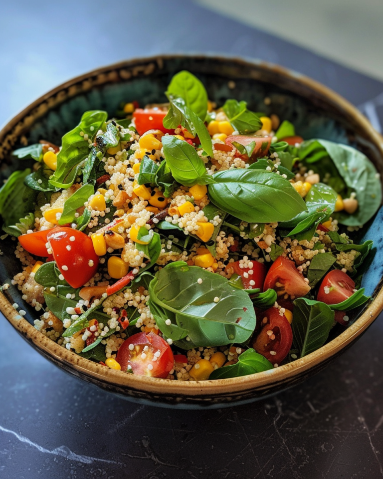 Simple Loaded Fresh Basil And Sweet Corn Couscous Green Salad taken with iphone 15 pro max --iw 2 --ar 4:5 --v 6.0 --raw