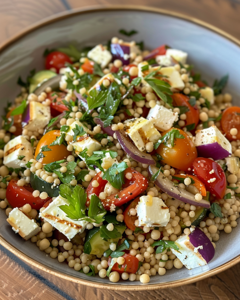 Simple Mary Bergs Grilled Feta And Veg Couscous Salad taken with iphone 15 pro max --iw 2 --ar 4:5 --v 6.0 --raw