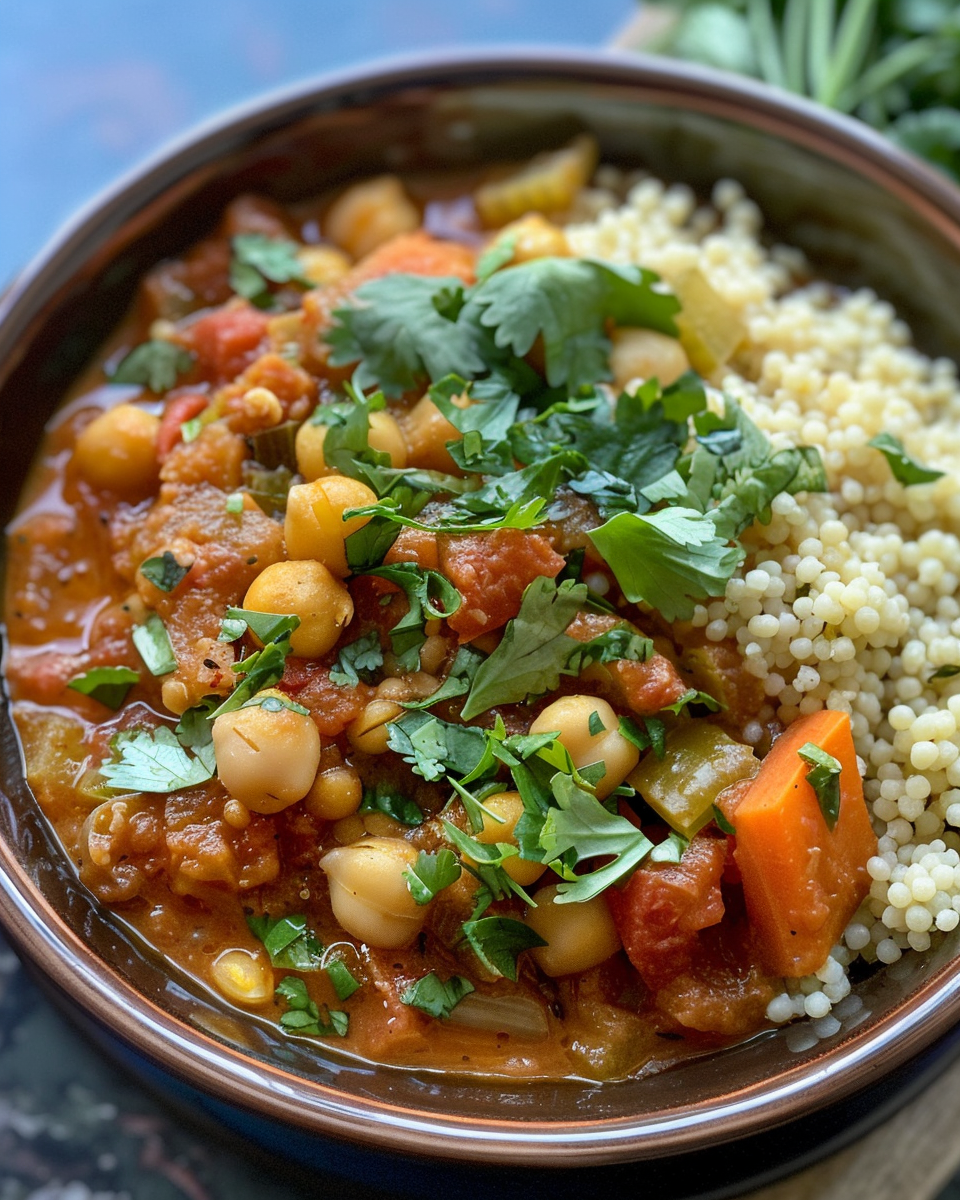 Served smoky chickpea stew with crispy grilled halloumi and fluffy couscous