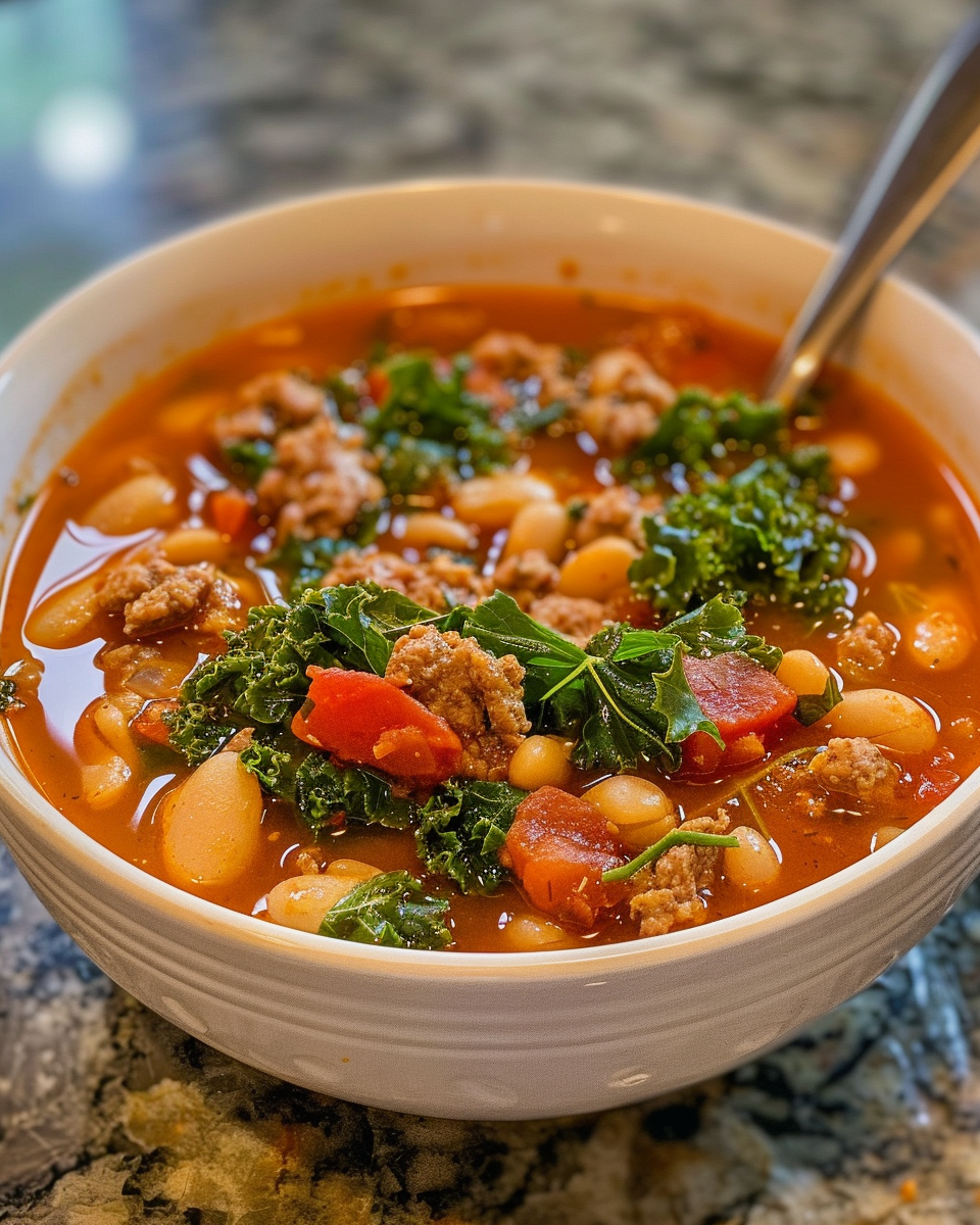 Ingredients prepared for spicy sausage, white bean, and kale soup in a bowl