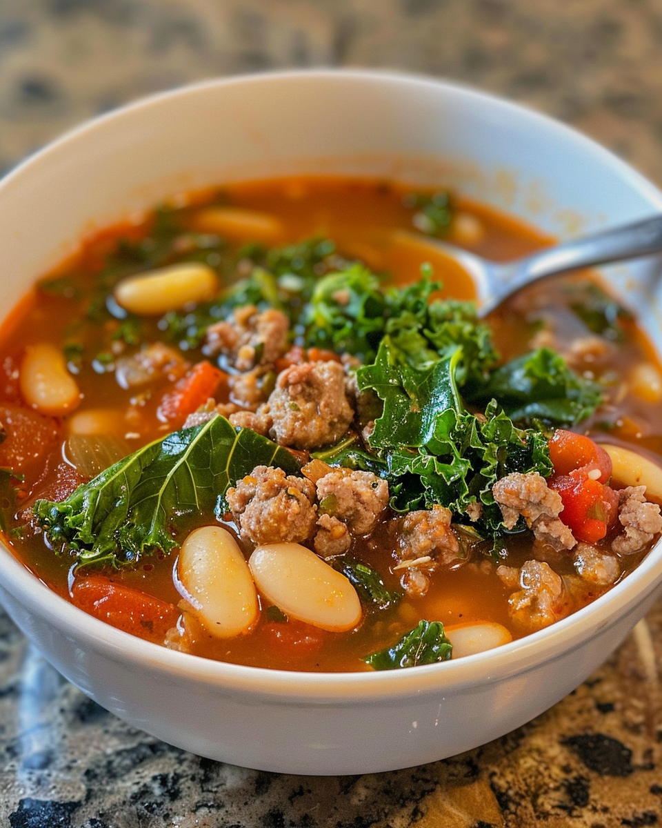 Finished spicy sausage white bean and kale soup served in a bowl ready to eat