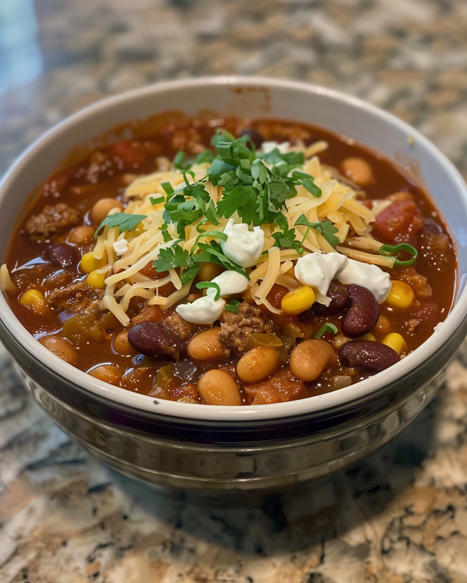 Final served three bean chili with toppings like shredded cheese and sour cream