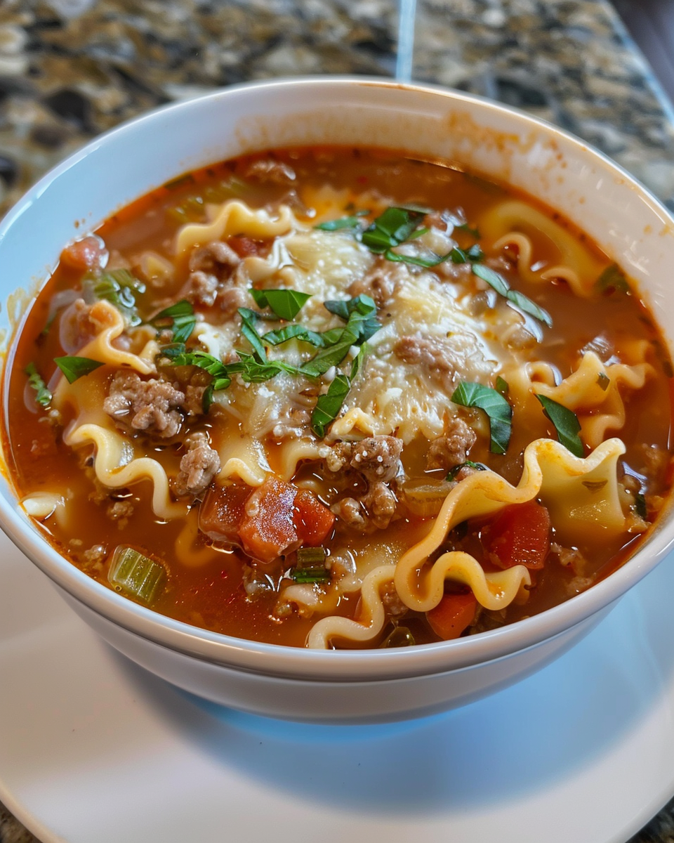 Final bowl of Tuscan lasagna soup with creamy cheeses and fresh basil garnish
