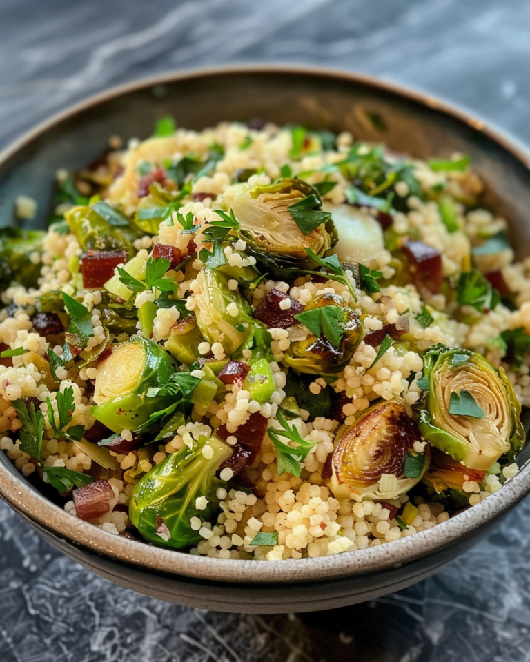 Warm Couscous & Brussels Sprout Salad taken with iphone 15 pro max --iw 2 --ar 4:5 --v 6.0 --raw
